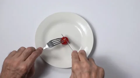 Portion control. Vegetarian Dinner. Men's hands during dinner. Top view Stock Footage 167966096
