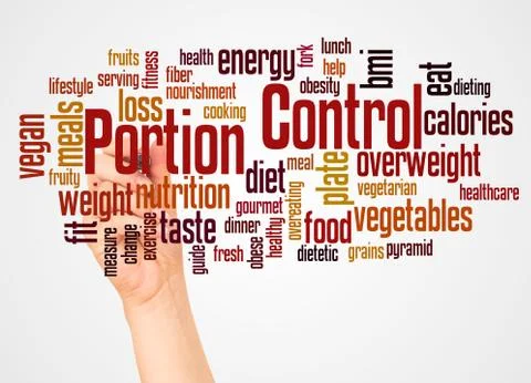 Portion Control word cloud and hand with marker concept Stock Photos