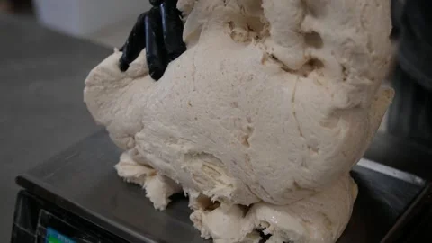 Portion dough rests in containers after being weighed and divided. Stock Footage 306007152