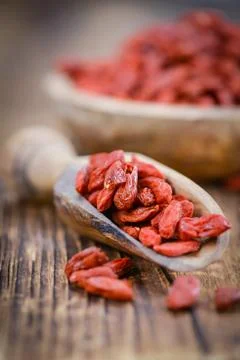 Portion of Dried Goji Berries (selective focus) Stock Photos