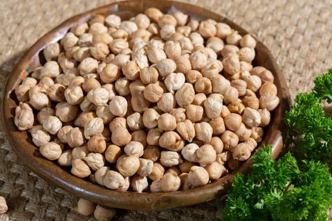Portion of dried uncooked chick peas close up Stock Photos