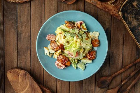 Portion of fresh mixed salad with fried chicken Stock Photos