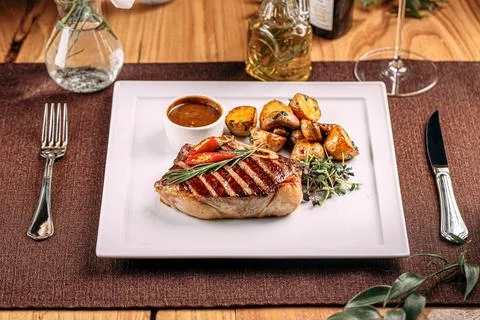 Portion of grilled beef steak served Stock Photos