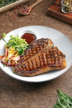 Portion of grilled beef t bone steak Foto stock