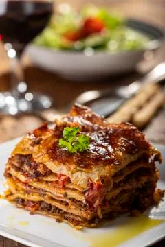 Portion of lasagna on a plate Foto stock