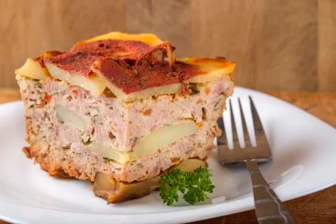 Portion of layered moussaka Stockfoto's