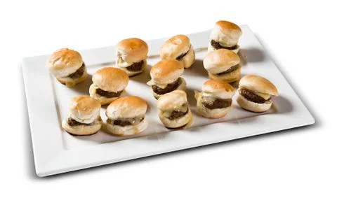 Portion of mini burger with cheese. White background. Foto stock