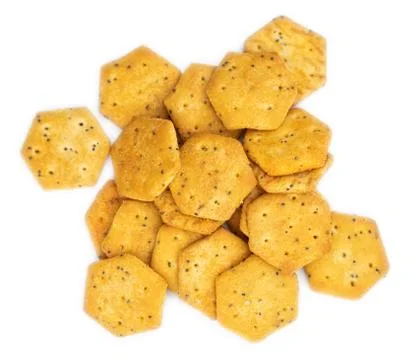 Portion of mixed Snacks isolated on white (close up shot; selective focus) Stock Photos