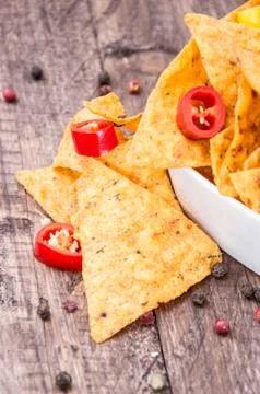 Portion of nachos with pepperonis Stock Photos