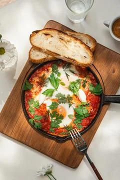 Portion of shakshuka breakfast with eggs Stock Photos