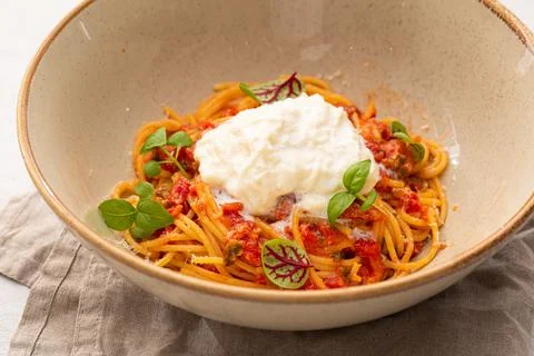 Portion of spaghetti pasta with roast beef Stock Photos