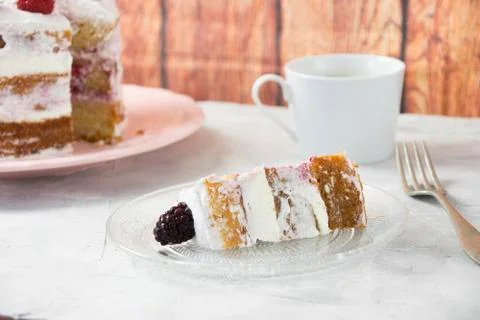 Portion of a sponge cake filled with whipped cream and berries sauce on a cry Stock Photos