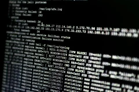 Portion of system log from a web server, during cyber attack. Firewall is blo 스톡 사진