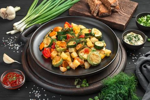 A portion of vegetable stew on a black background. Healthy vegetarian food. Stock Photos