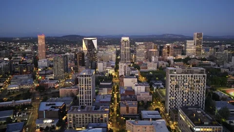 Portland - Aerial Approach Down Morrison St in Evening / Blue Hour Stock Footage 313416342