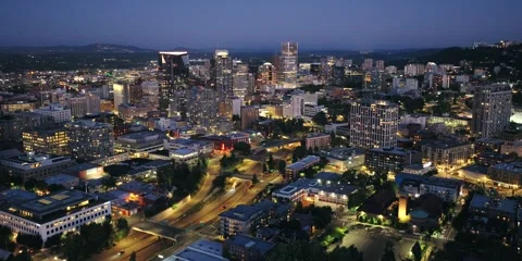 Portland - Aerial Pullback Over Downtown Skyline and Highway at Night Stock Footage 313416297