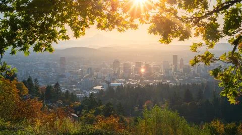 Portland Downtown, Mt Hood in Morning Sun Framed with autumn foliage. Stock Photos