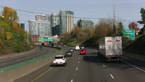 Portland, Oregon circa-2021: POV Driving shot of Interstate 5 leading into city Stock Footage 165430714