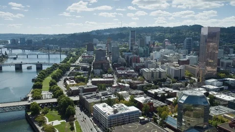 Portland Oregon Downtown Skyline Aerial Drone Panning Shot on Sunny Day 4K Stock Footage