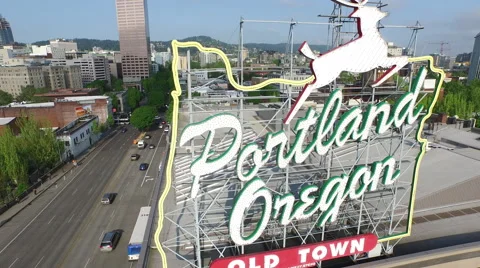 Portland, Oregon, May 12, 2015: Aerial shot of Portland Oregon sign Stock Footage