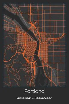 Portland, Oregon - vector map of city in Gray, Black, Orange colors Stock Illustration