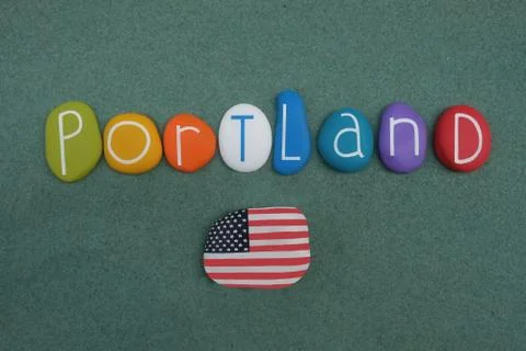 Portland, State of Oregon, USA, souvenir with multicolored stone letters Stock Photos
