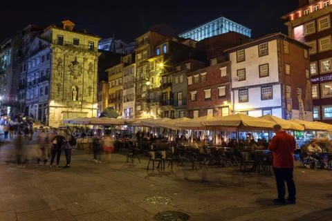 Porto 29 September, 2018: Tourists walk along the night streets of Porto, Cais Stock Photos