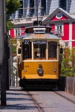 Porto, Portugal - The Iconic Vintage Tram in "Batalha" Square Stock Photos