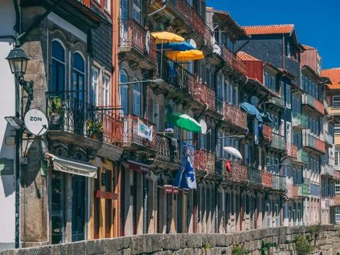 PORTO, PORTUGAL - Jul 18, 2020: Ribeirinha riverside houses in Ribeira Distri Stock Photos