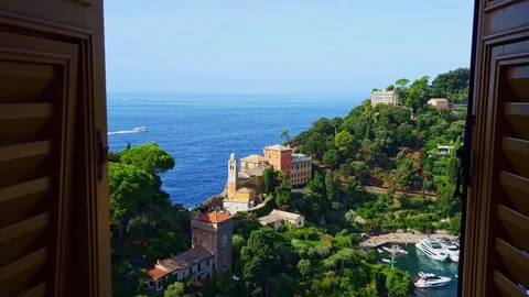 Portofino Marina View Through Authentic Window with Jalousie on Sunny Summer Day Stock Footage 343876765