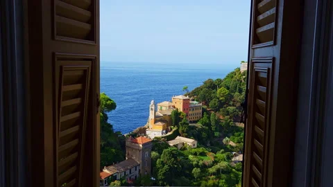 Portofino Marina View Through Authentic Window with Jalousie on Sunny Summer Day Stock Footage 343876975