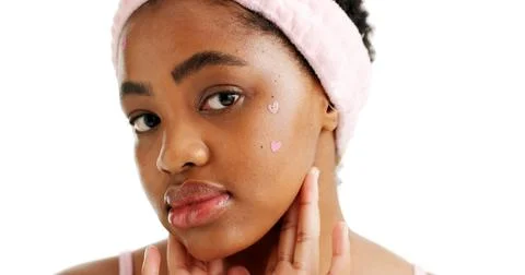 Portrait, acne patch or black woman in studio with mockup, beauty or treatm.. Stock Photos