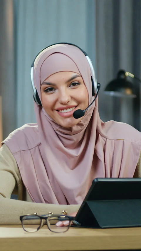 Portrait of adorable joyful 30-aged modern muslim girl in headscarf which poses  Stock Footage 328366124