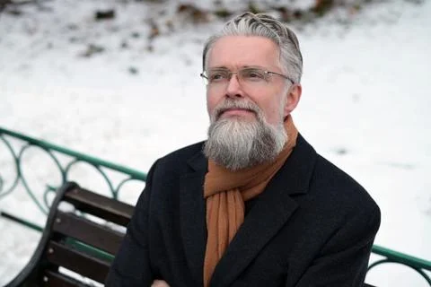 Portrait of an adult solid gray-haired man with a beard wearing glasses Stock Photos