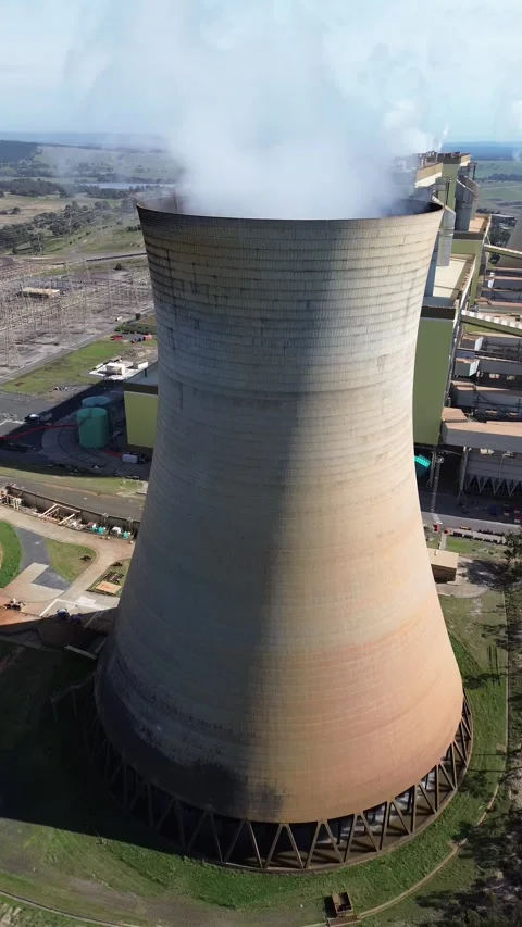 Portrait Aerial Close-Up of Cooling Tower Stock Footage 334894537