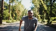 Portrait African American Man Run Listen Music In Headphones Stopped To Rest At Stock Footage
