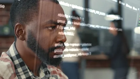 Portrait of african american software developer through vfx of floating Stock Footage 168253566