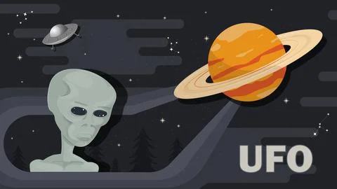 Portrait of an alien on the background of space and a planet with rings fla.. Stock Illustration