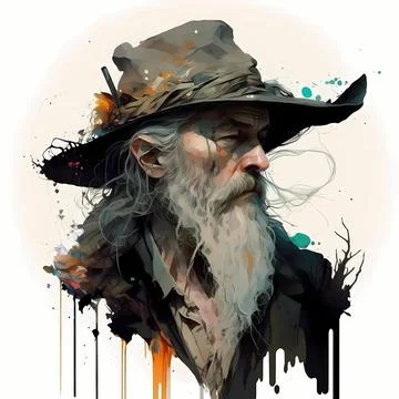 Portrait of an ancient old grey wizard fantasy, glitch art color splash, ai Stock Illustration