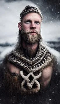 Portrait of an ancient Viking warrior with a beard and in Viking winter clothing Stock Illustration