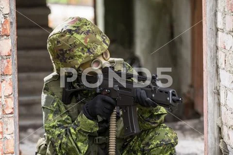 Portrait of armed woman with camouflage. Young female soldier observe with fi Stock Photos