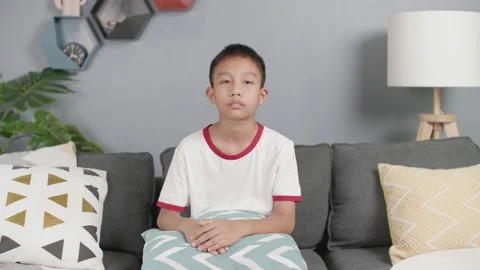 Portrait of a Asian boy at the camera as he sits at a sofa Stock Footage 155156464