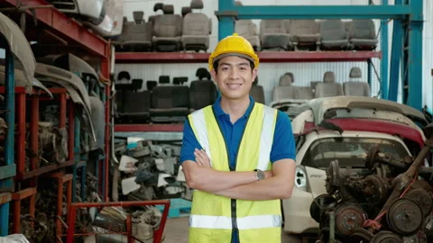 Portrait of asian Engineering man is working in heavy industrial plant Engine Video stock 152832005