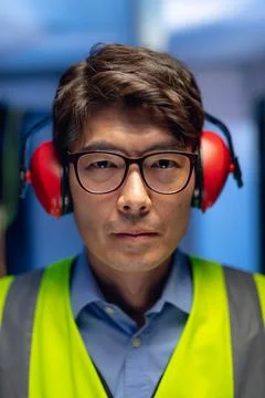 Portrait of asian male engineer wearing ear plugs in computer server room Stock Photos