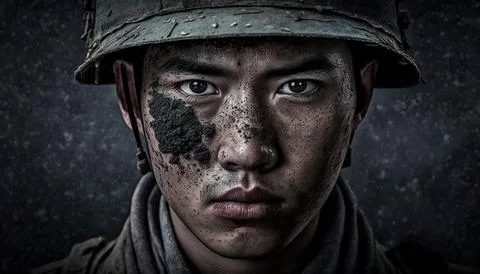 Portrait of asian soldier in war. Generative AI illustration. Stock Illustration