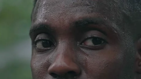 Portrait of athletic perspiring guy resting after powerful workout training Stock Footage 141704444