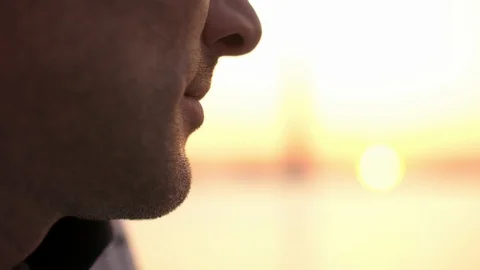 Portrait of attractive 40s man looking at the sunset. Close-up chin. Slow motion Stock Footage 109459133