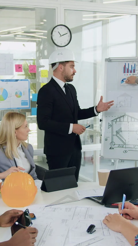 Portrait of attractive confident high-skilled multiethnic specialists of buildin Stock Footage 329181529