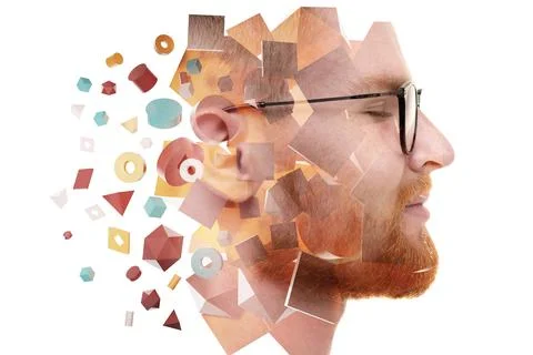 A portrait of an attractive man combined with various 3D geometric shapes. Stock Photos