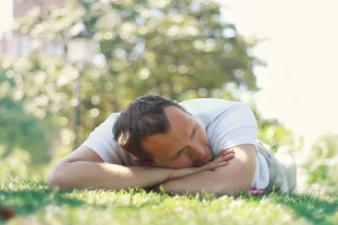 Portrait of attractive smiling man lying on green grass in park Stock Footage 6524992